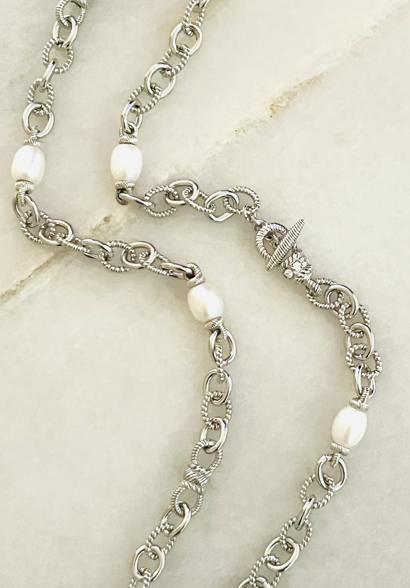 Judith Ripka Sterling Pearl Station Link Necklace
