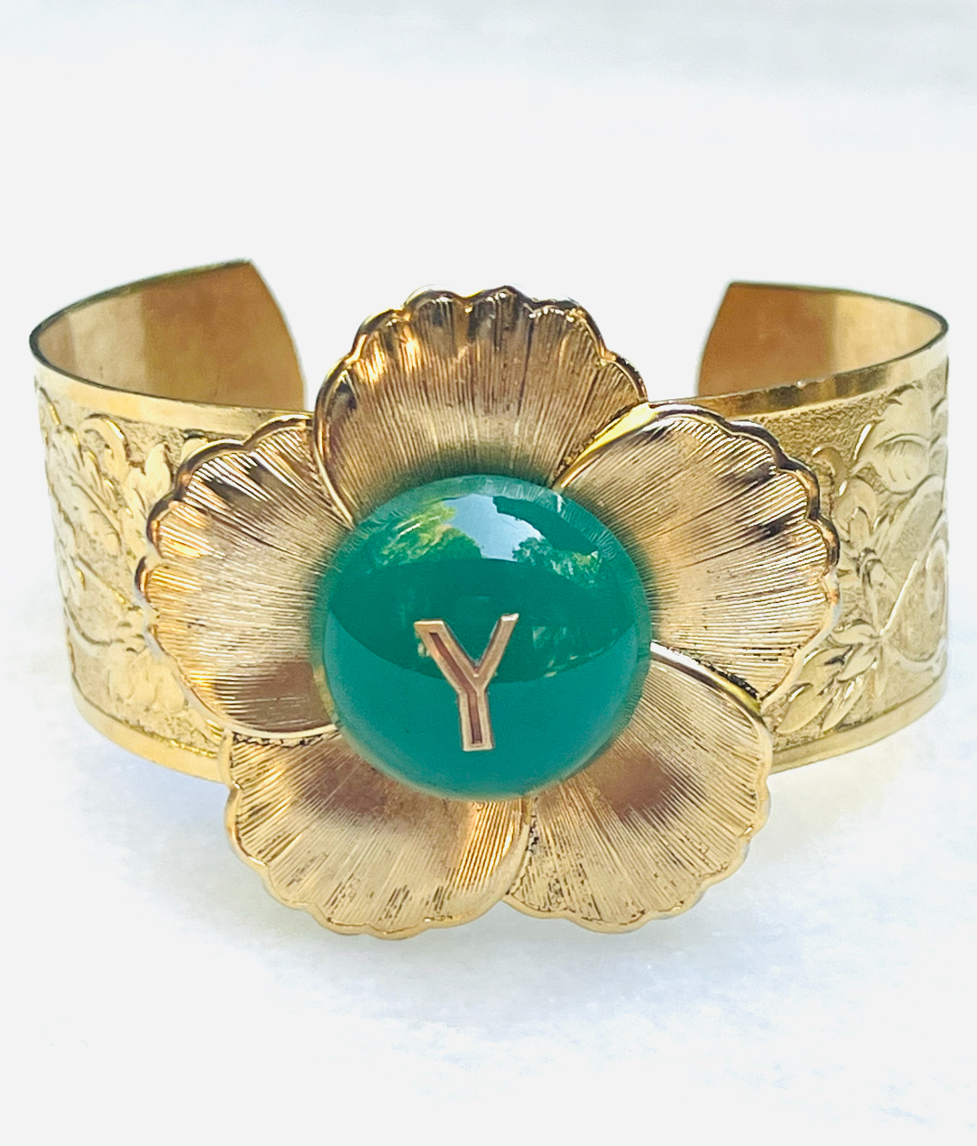 Etched Floral "Y" Monogrammed Green Cabochon Cuff