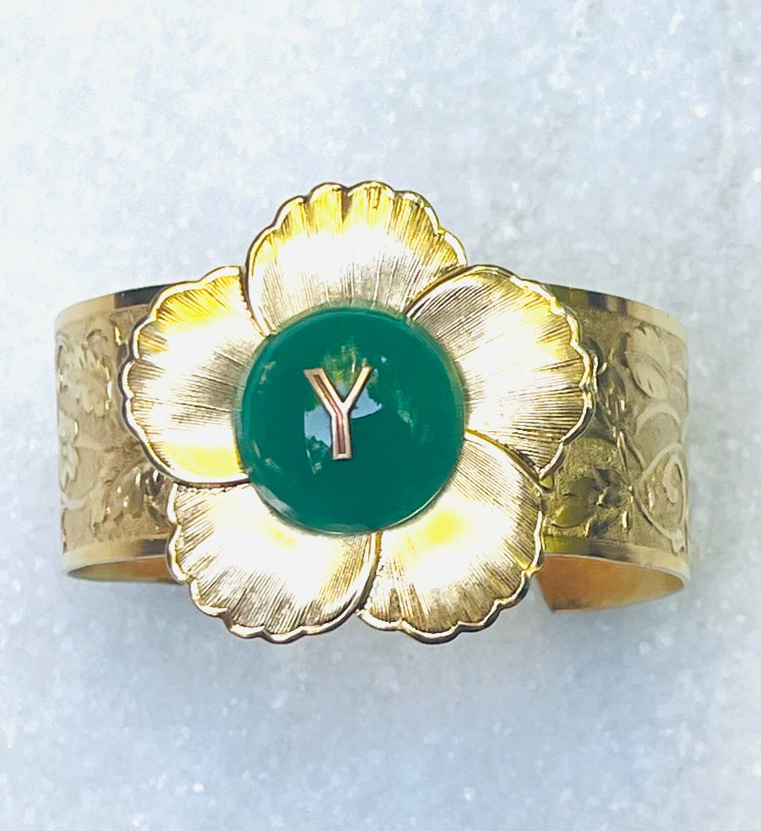 Etched Floral "Y" Monogrammed Green Cabochon Cuff