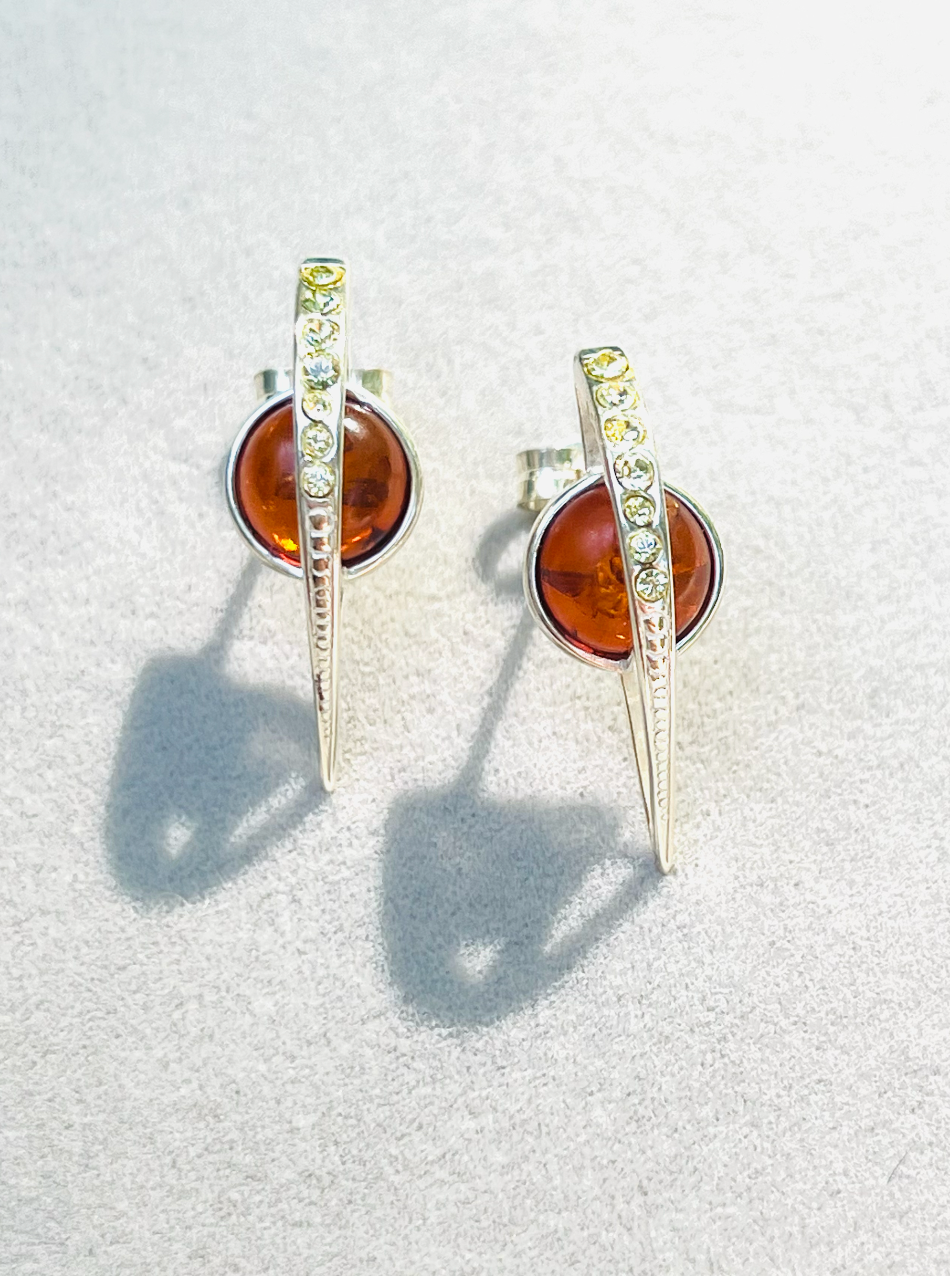 Artisan Silver Amber and Rhinestone Earrings