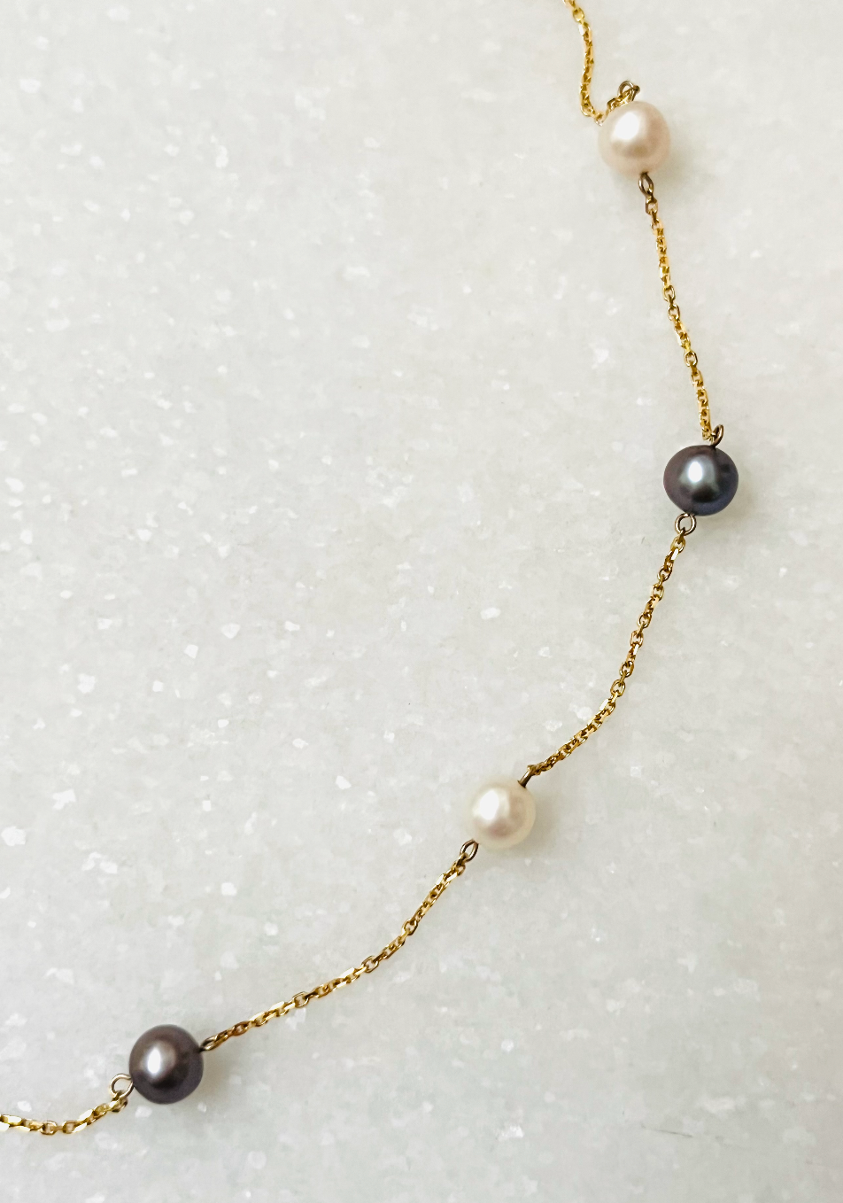 14K Gold Station Necklace with Black and White Pearls