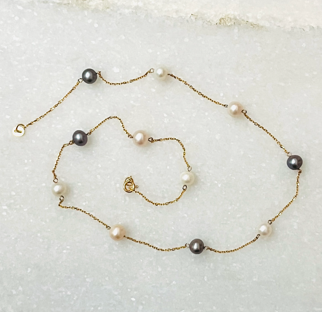14K Gold Station Necklace with Black and White Pearls