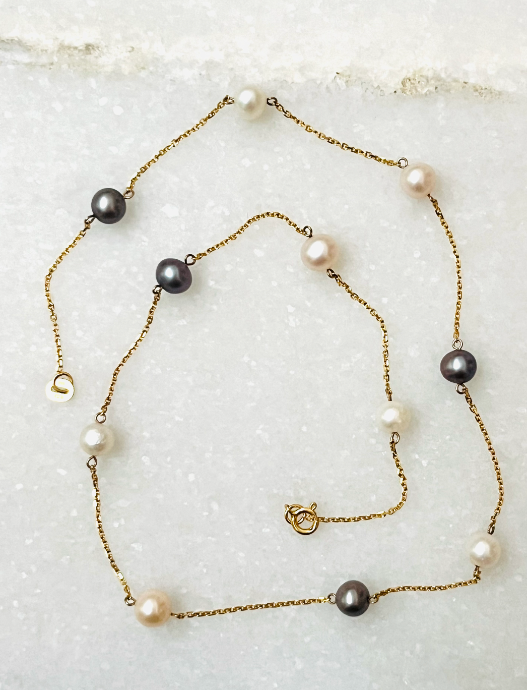 14K Gold Station Necklace with Black and White Pearls