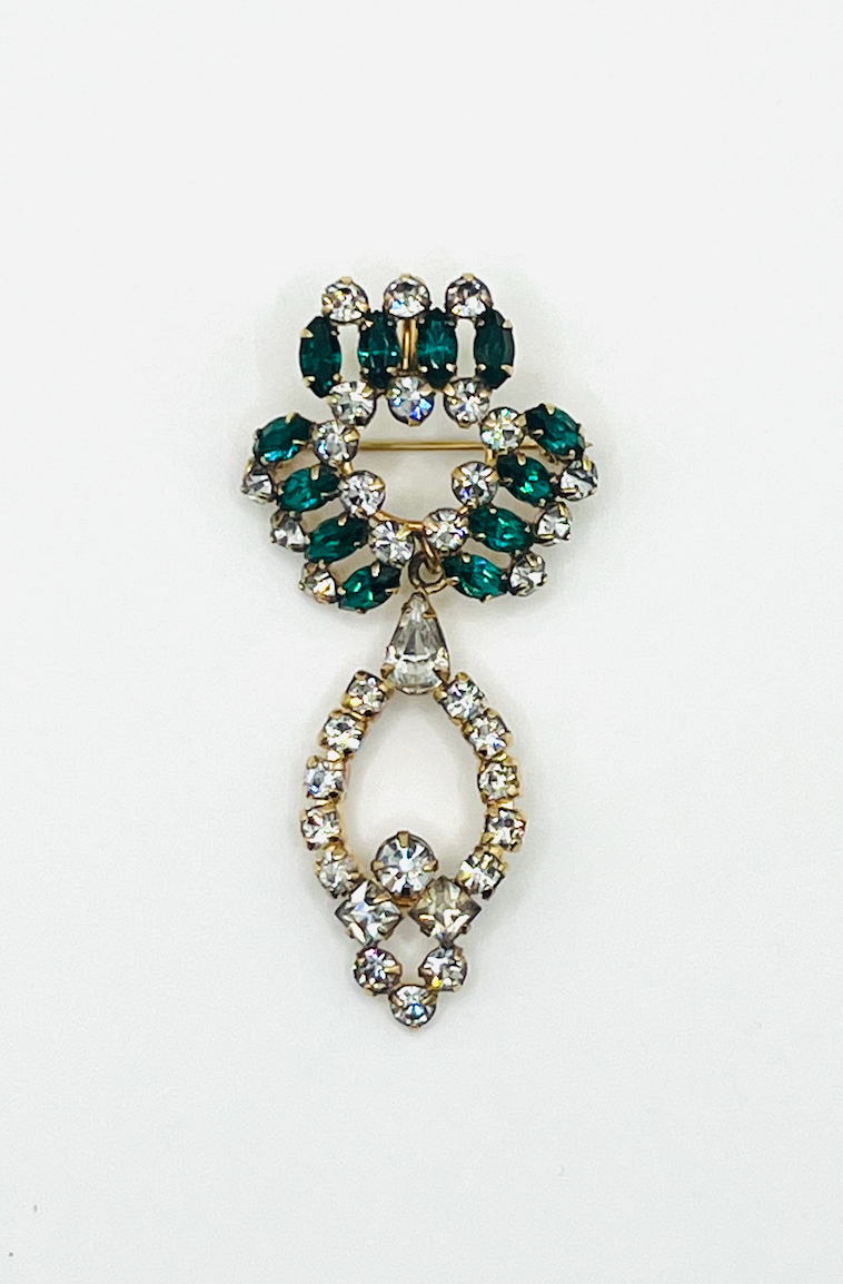 D'eri 12K Gold Filled Emerald And Crystal Rhinestone Brooch Pendant