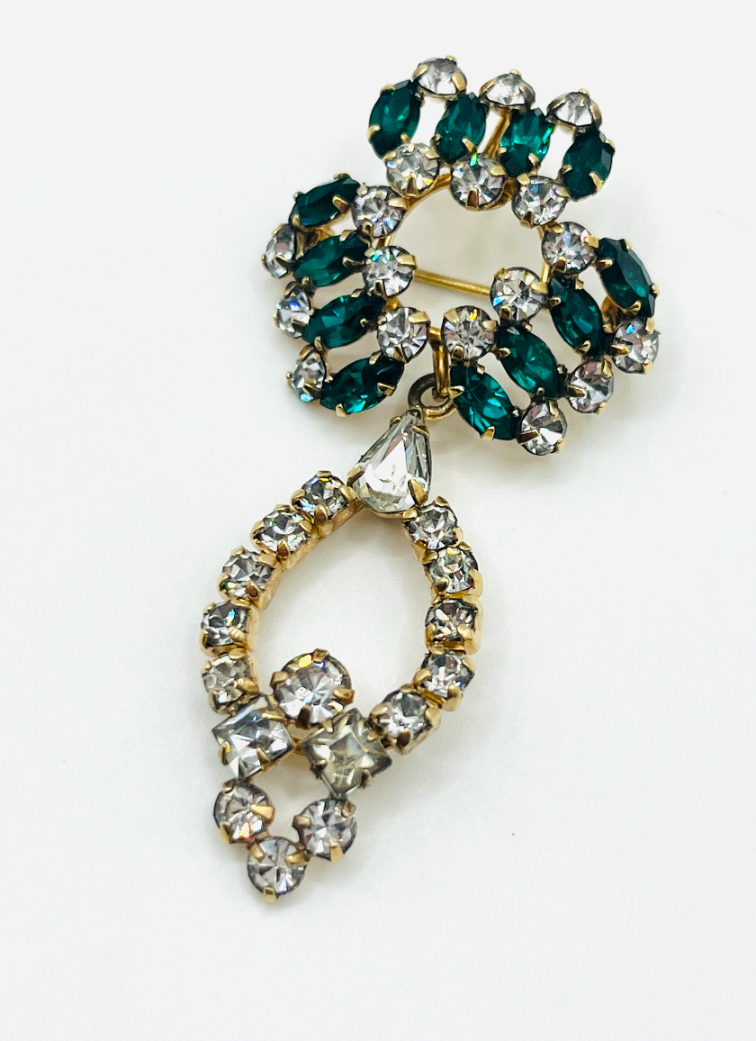 D'eri 12K Gold Filled Emerald And Crystal Rhinestone Brooch Pendant