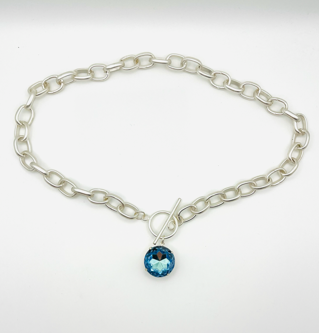 ARTEFACT Studio Icon Necklace: Matte Silver Blue-Green Chaton Rhinestone