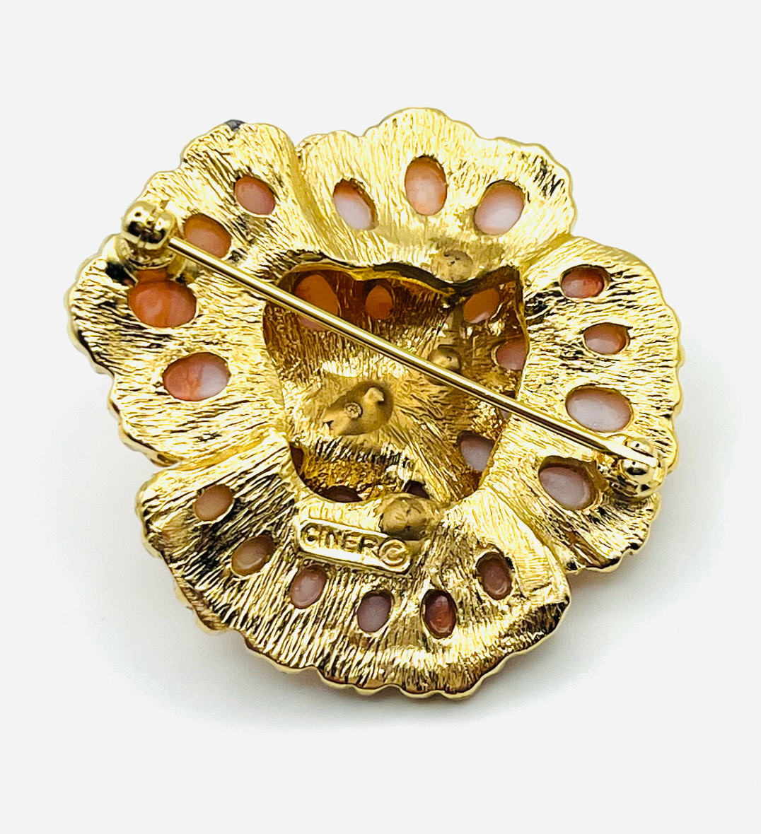 Ciner Coral & Rhinestone Pansy Brooch