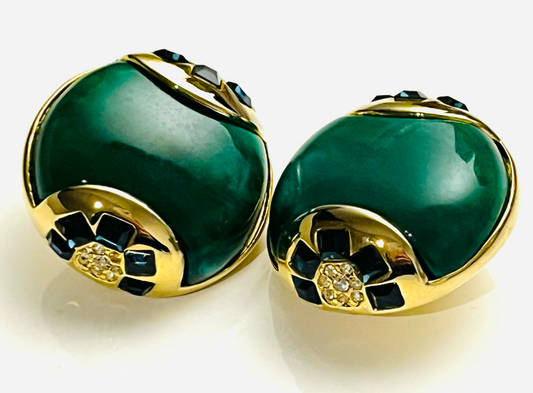 ArtDeco89 Emerald Lucite Earrings with Blue & White Rhinestones