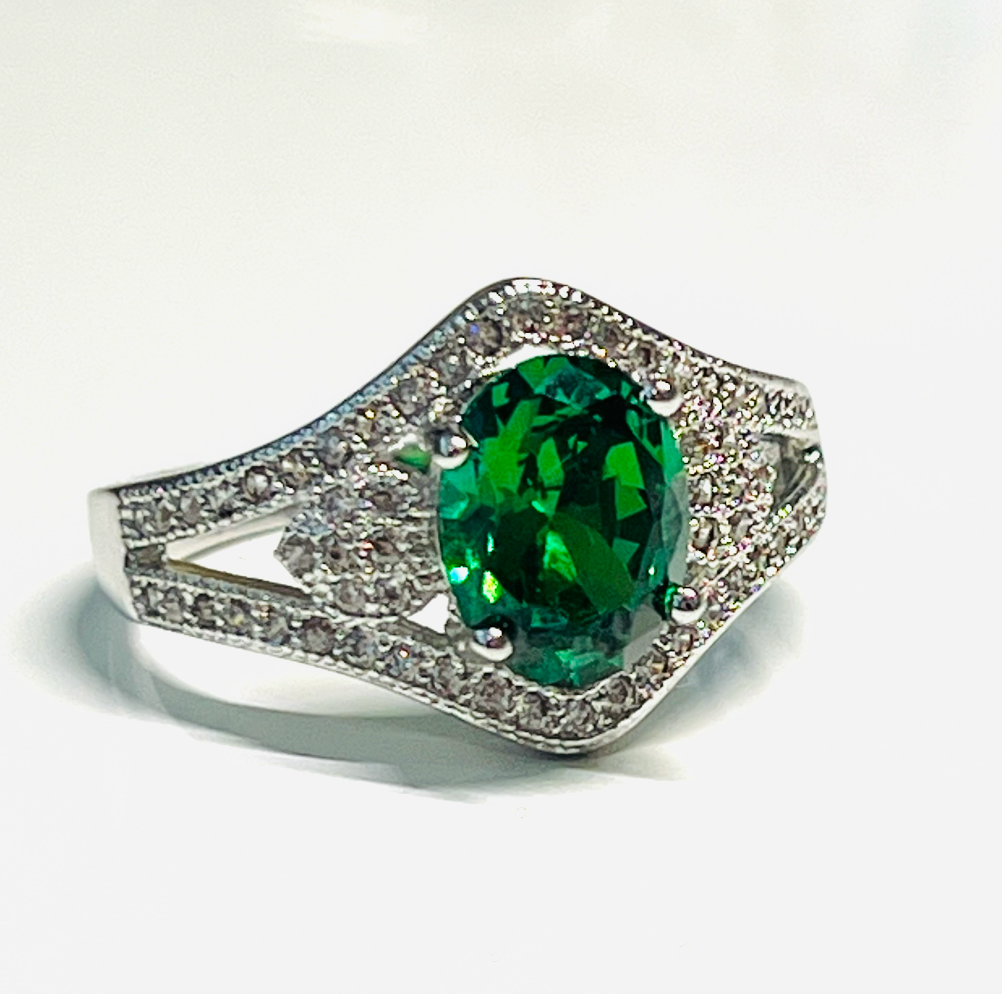 18K Gold Plated Emerald and Diamond Ring