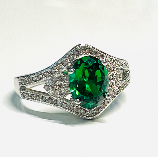 18K Gold Plated Emerald and Diamond Ring