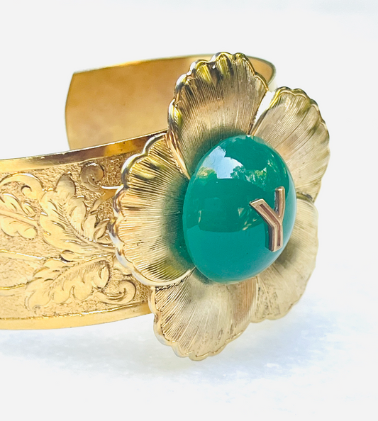 Etched Floral "Y" Monogrammed Green Cabochon Cuff