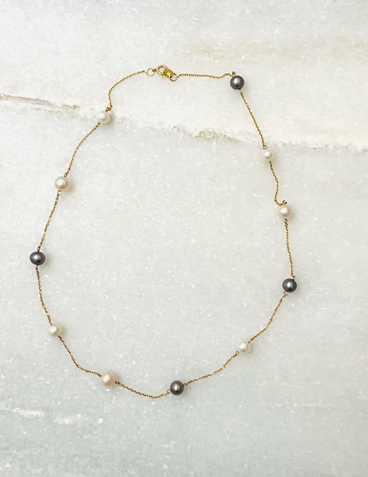 14K Gold Station Necklace with Black and White Pearls