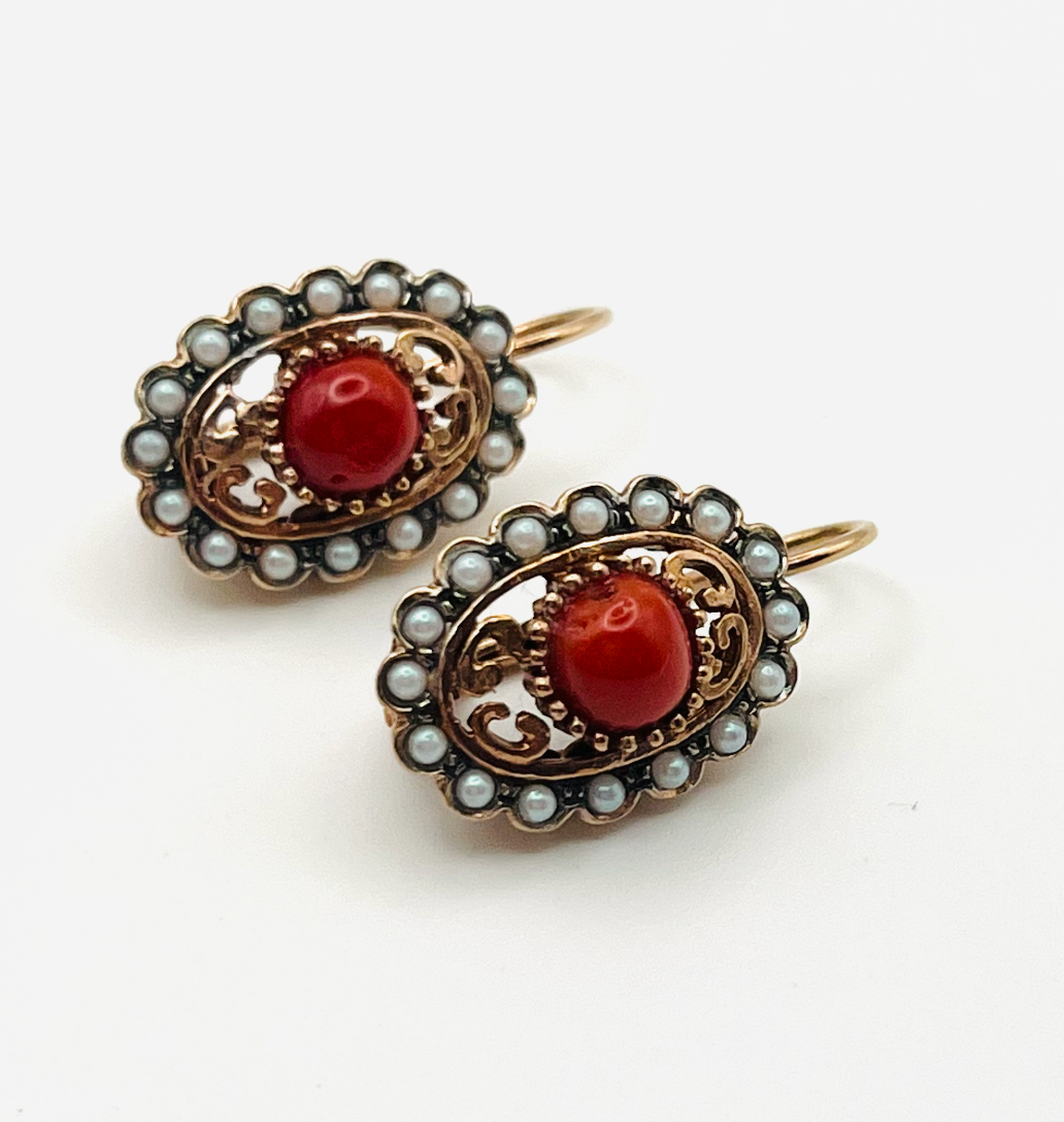 Italian Coral and Seed Pearl Earrings