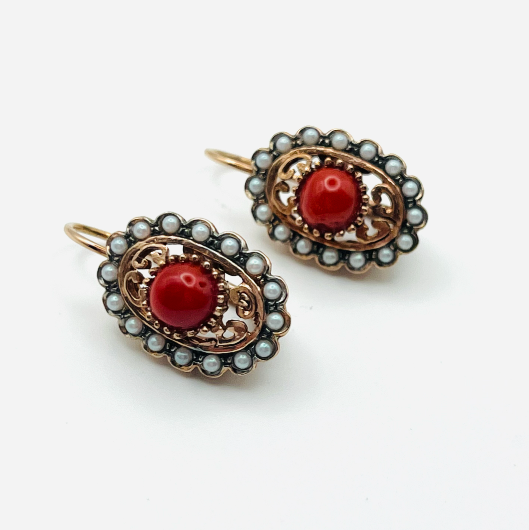 Italian Coral and Seed Pearl Earrings