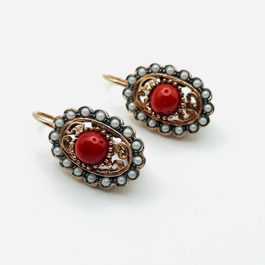 Italian Coral and Seed Pearl Earrings