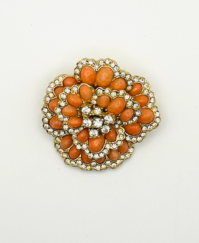 Ciner Coral & Rhinestone Pansy Brooch