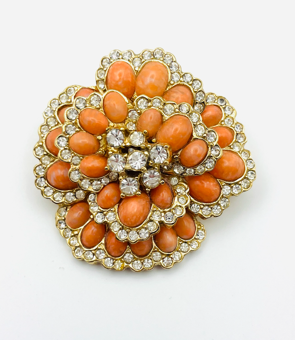 Ciner Coral & Rhinestone Pansy Brooch