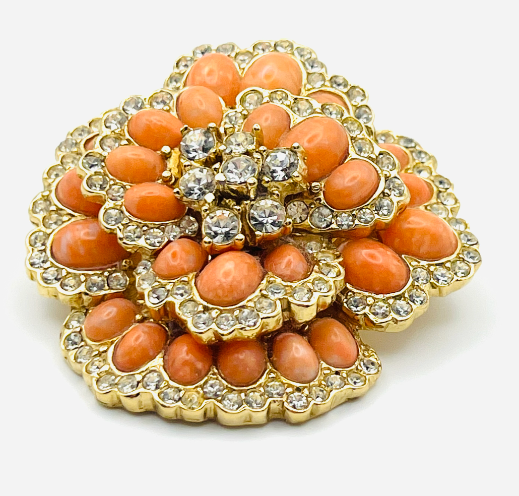 Ciner Coral & Rhinestone Pansy Brooch