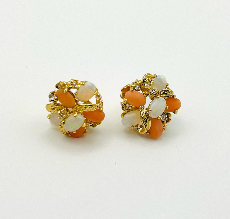 Faux Coral Opal Diamond Cluster Earrings